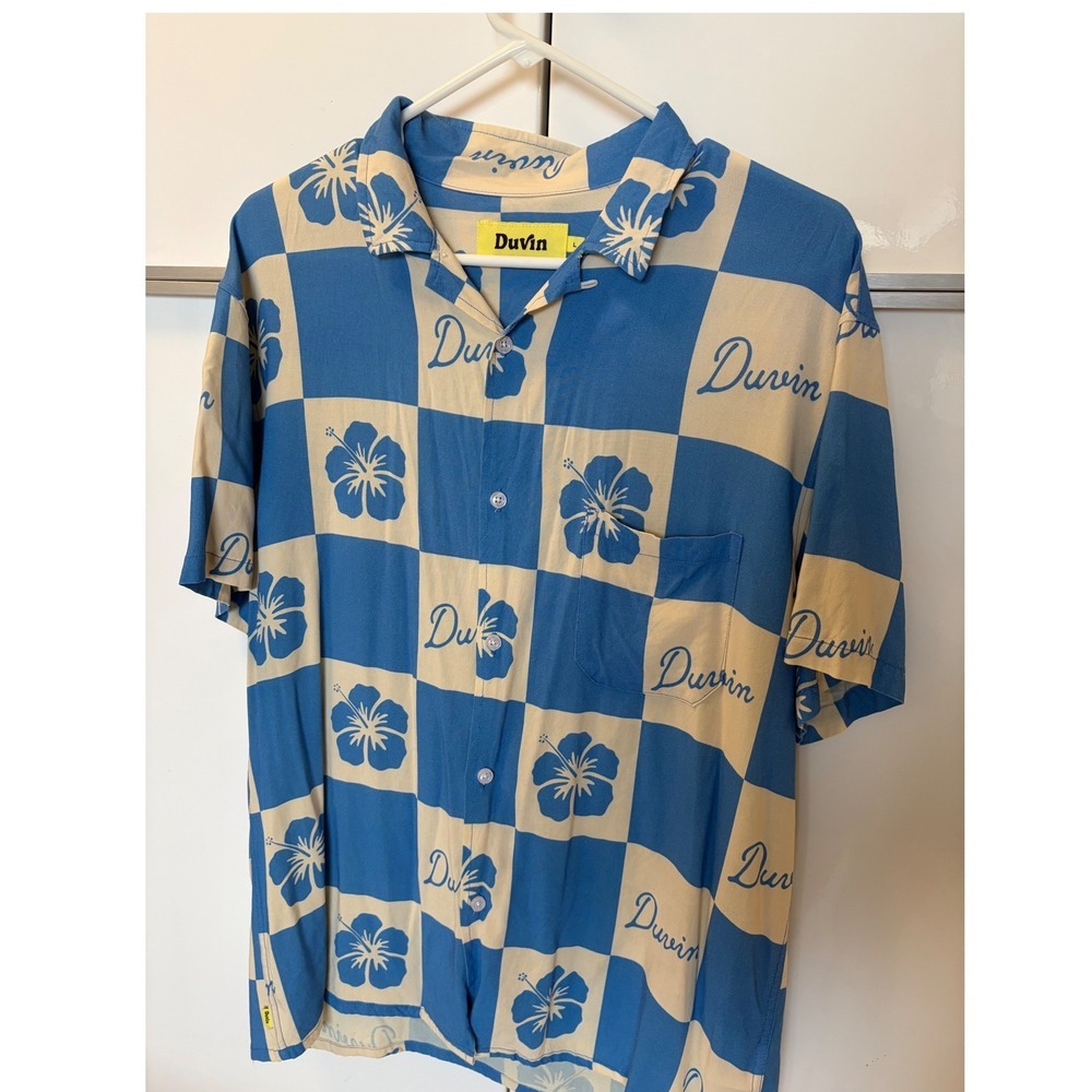 Duvin Design Co Hibiscus Checkerboard Short Sleeve Button Down Shirt Blue L